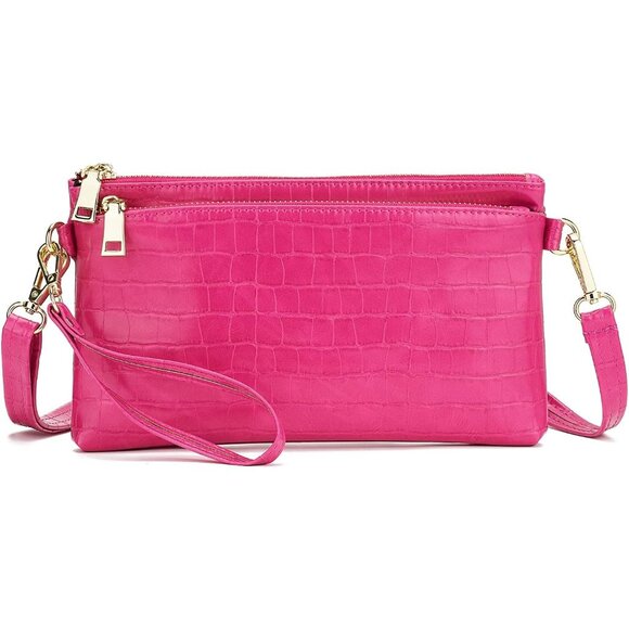 ⚡Women\'s Lightweight Pink Triple Zip Vegan Leather Clutch Wristlet Bag